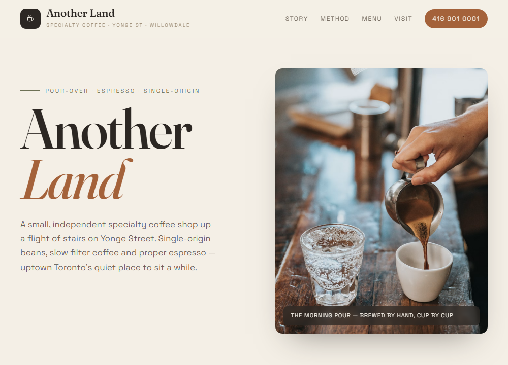 Another Land Coffee website preview